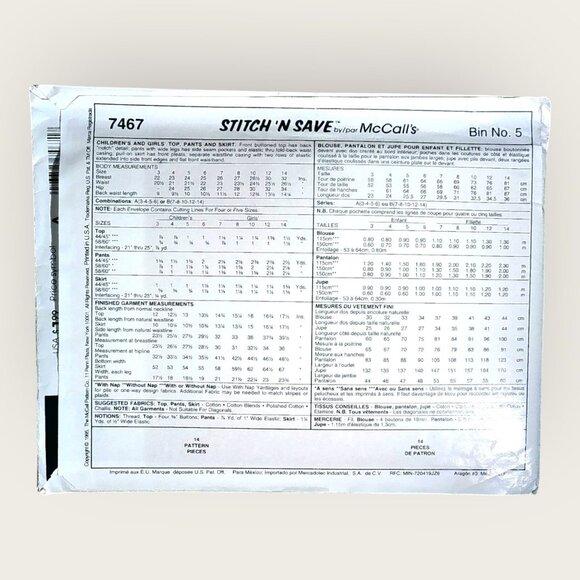 Vintage 1990s McCalls Sewing Pattern 7467 Girls Top Pants Skirt Size 3-6 Uncut - Picture 2 of 2